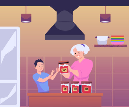 Grandmother gives grandson glass jar with fruit or berry jam, vector elderly woman regales the boy in the kitchenのイラスト素材
