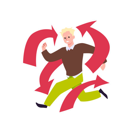 Man with ADHD hyperactivity symptoms, hurry running in panic, confusion, attention deficit vector character with arrowsのイラスト素材
