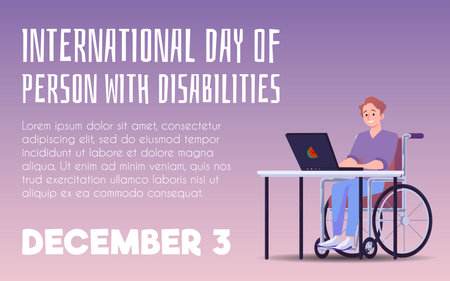 International day of person with disabilities vector poster, disabled man in wheelchair working at laptop, handicappedのイラスト素材