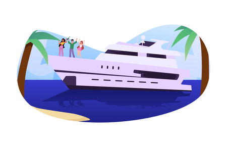 Yacht with people living a luxurious lifestyle of rich, flat vector isolated.のイラスト素材