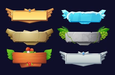 Wooden, metal, stone frames set for interface ui ux game, rank board decorated with crystal, leaves, vector level buttonのイラスト素材