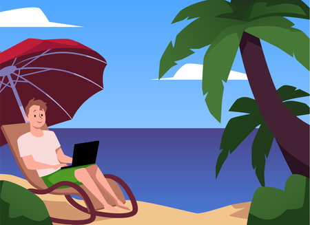 Smiling young man with laptop works on coast scene flat styleのイラスト素材