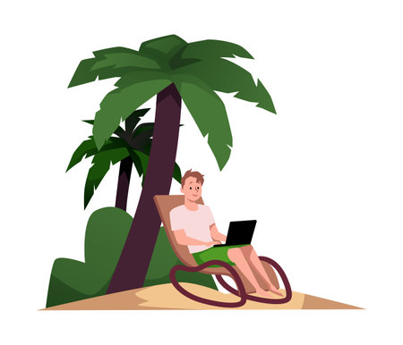 Freelancer working on laptop under the palm tree, vector illustrationのイラスト素材