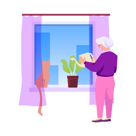 Elderly woman watering indoor flowers with her cat, happy grandmother having a good time, vector lonely old peopleのイラスト素材
