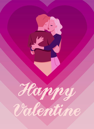 Two enamored lovers hugging and kissing, flirting, vector cartoon romantic Happy valentines day poster in heartsのイラスト素材