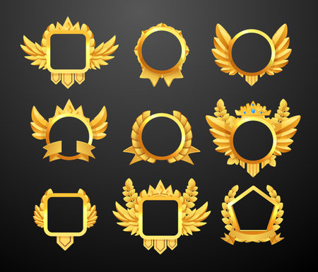 Gold awards icons and frames, game design vector illustrations on blackのイラスト素材