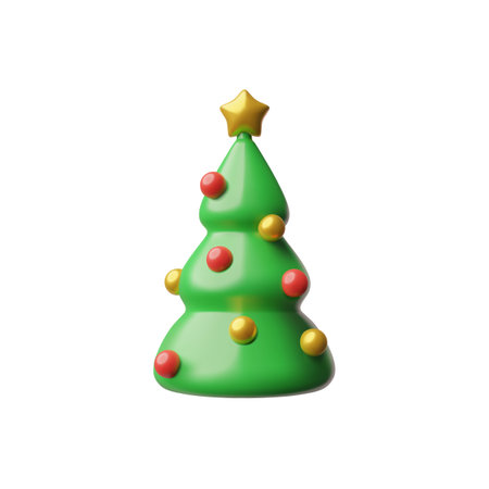Stylized 3d render green Christmas tree with glossy red and yellow ornaments topped with a golden star for holiday joy.のイラスト素材