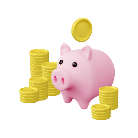 Piggy bank and gold coins realistic 3d design, vector illustration isolated.のイラスト素材