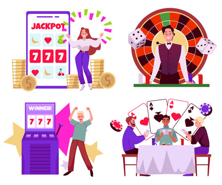 Gambling entertainment cartoon vector set, slot machine jackpot win, men play poker, croupier isolated illustrationのイラスト素材