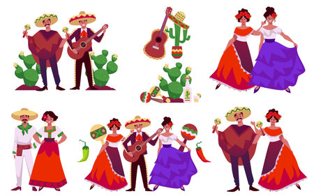 Set of Mexican men and women in traditional costumes flat styleのイラスト素材