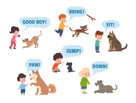 Dog training commands infographic set flat cartoon vector illustration isolated.のイラスト素材