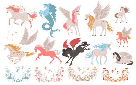 Set of fantastic horses, unicorns and pegasus, cartoon flat vector illustration isolated on white background.のイラスト素材