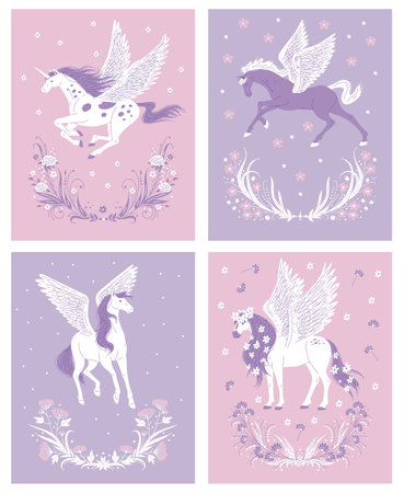 Vector hand drawn posters set purple, white horses with wings, floral ornament, fantastic horses, Unicorn and Pegasusのイラスト素材