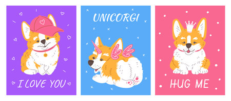 Cartoon posters vector set with Corgi dog with horn, wings, crown, baseball cap, Lovely childish design with letteringのイラスト素材