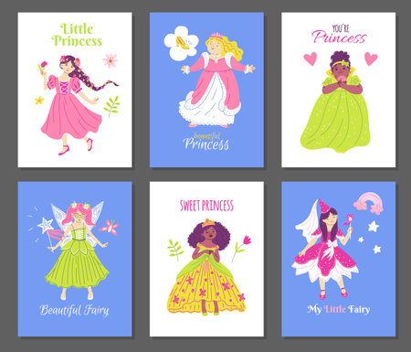 Pretty multi ethnic princesses collection postera set, fairy tale girls in beautiful dresses vector cartoon fashionのイラスト素材