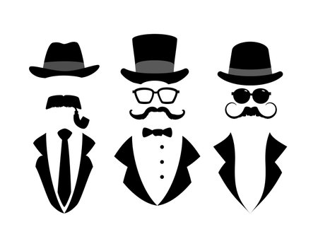 Vintage silhouettes set of vector invisible men, bowler hat, mustaches, glasses, suit and tie retro gentleman hipsterのイラスト素材