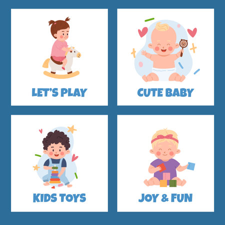 Cute babies playing with toys, set of posters - cartoon flat vector illustration.のイラスト素材