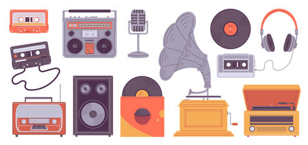 Set of retro music players, flat vector illustration isolated on white background.のイラスト素材