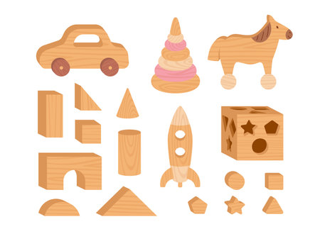 Cartoon wooden toys vector set, car and rocket, pyramid and horse, bricks, children logical game cubic constructionのイラスト素材