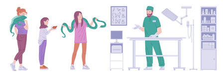 Women owners with snail, guana and snake in the veterinarian clinic, vector exotic pet reptile animal care, preventionのイラスト素材