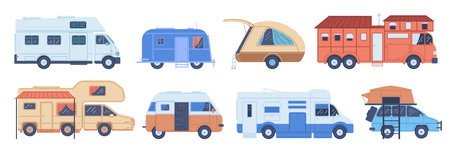 Camper van, trailer, hindcarriage for camping, transportable dwelling for road travel, journey vector isolated setのイラスト素材