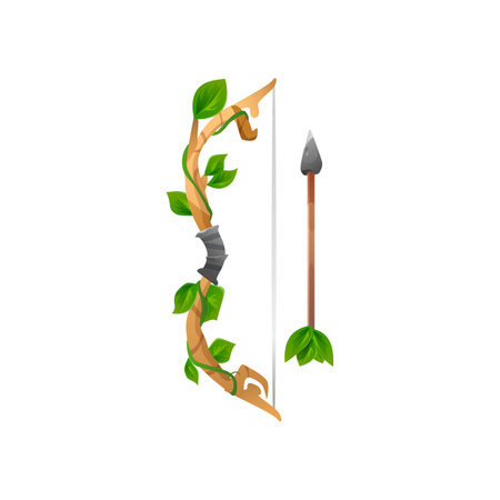 Game wooden bow with arrow decorated with leaves.