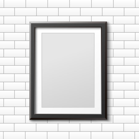 Mockup of photo or picture frame on brick wall, realistic vector illustration.のイラスト素材