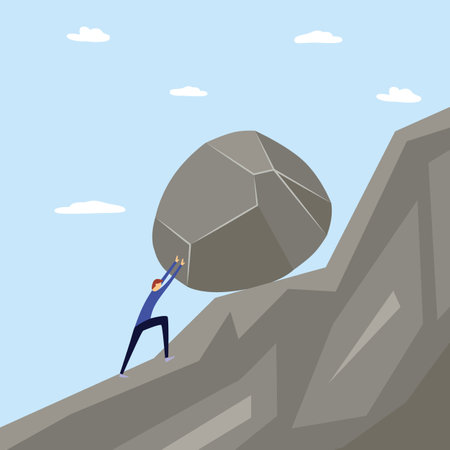 A man makes an effort, pushes and rolls a stone up the mountain.のイラスト素材