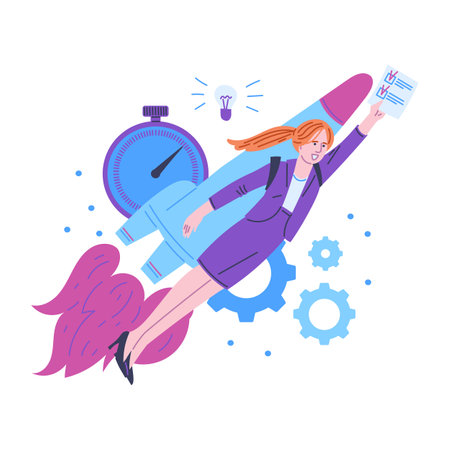 Woman flies up with the rocket, career and business, cartoon vector on whiteのイラスト素材