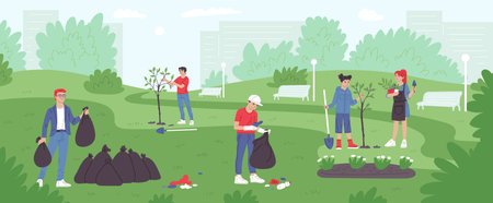 Young volunteers plant trees in city park, collecting garbage into trash bag, improve the environment together vectorのイラスト素材