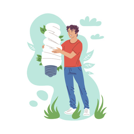 Huge energy saving light bulb with leaves in man hands, eco friendly energy, protect environment and nature vectorのイラスト素材