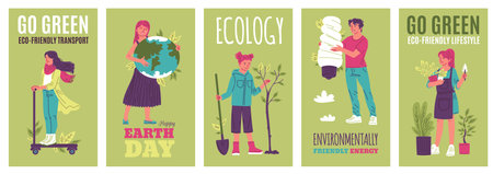 Ecology design cards with people, vector illustration in cartoon style