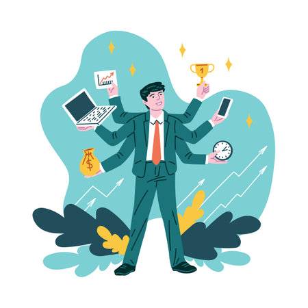 Productivity design concept, busy businessman, cartoon vector on whiteのイラスト素材