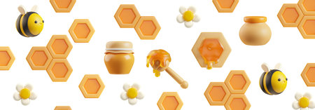 Honey background with cute volume 3d vector illustrations on white