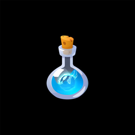 Magic blue potion flask, vector glass bottle with a corkwood plug and elixir inside, witch poison gui game asset menuのイラスト素材