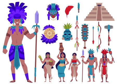 Set of Maya people and items flat style, vector illustrationのイラスト素材