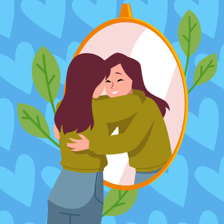 Young woman hugs with mirror reflection flat style, vector illustrationのイラスト素材