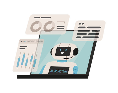 Opened laptop with smiling robot AI assistant on screen flat styleのイラスト素材