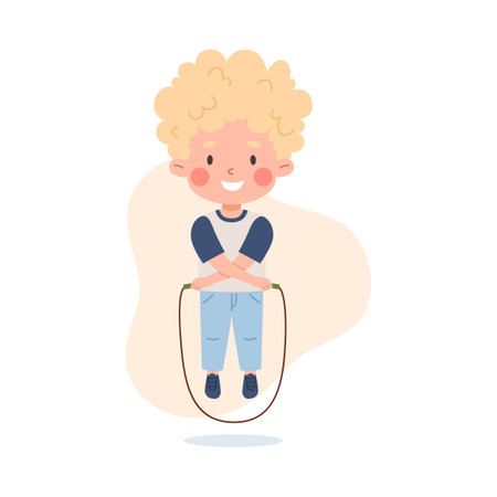 Cute little boy jumping jump rope crossed arms, vector cartoon kid skipping rope activity, leisure sport time, have funのイラスト素材