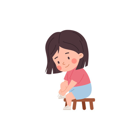 Little girl putting on shoes while sitting on a stool, cartoon vectorのイラスト素材