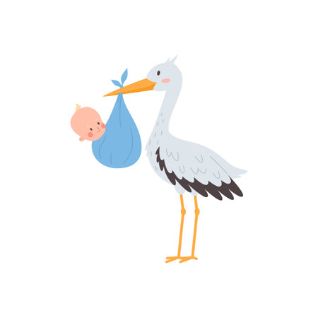 Stork with baby in sling flat vector illustration isolated on white background.のイラスト素材