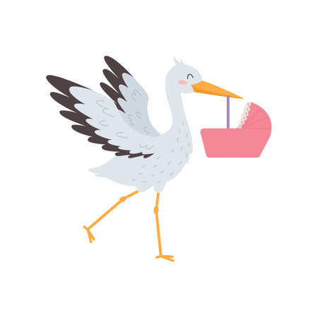 Cute smiling stork bird carrying pink cradle flat style, vector illustrationのイラスト素材