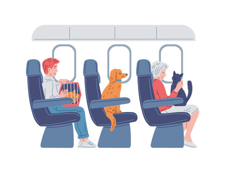 People on public transport with their pets, cartoon vector carriers for dogs and cats, comfortable trip animals in trainのイラスト素材