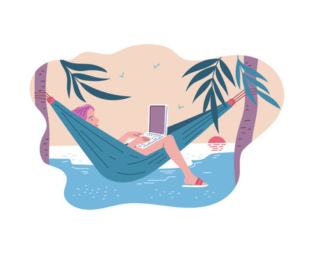 Smiling young woman lying in hammock on beach and working with laptopのイラスト素材