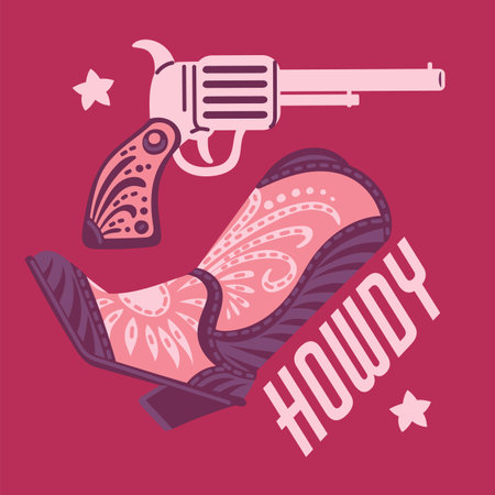 Wild west cowgirl boot with gun, Western retro female footwear and revolver vector poster on pink, vintage accessoriesのイラスト素材
