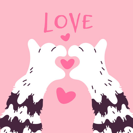 Valentines Day card with cat paws and hearts, cartoon vector on pinkのイラスト素材