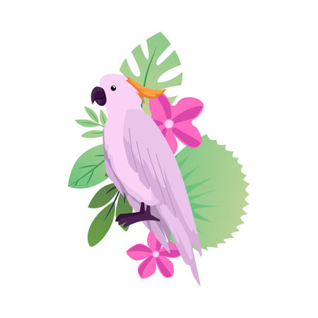 Beautiful Cockatoo on tropical flora, vector exotic parrot bird with pink feather, plumage and blossom wild flowersのイラスト素材