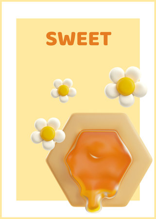 Honeycomb and honey on design card, cute volume 3d vector illustrationのイラスト素材