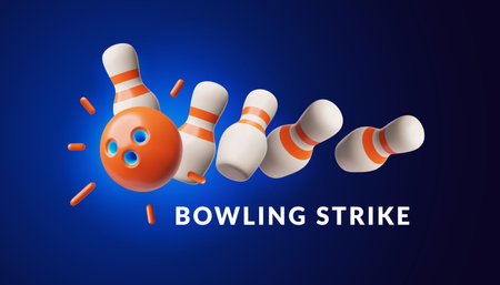 Bowling ball strike hit falling pin skittles, 3D bowling play target, winning movement, Bowling strike vector bannerのイラスト素材