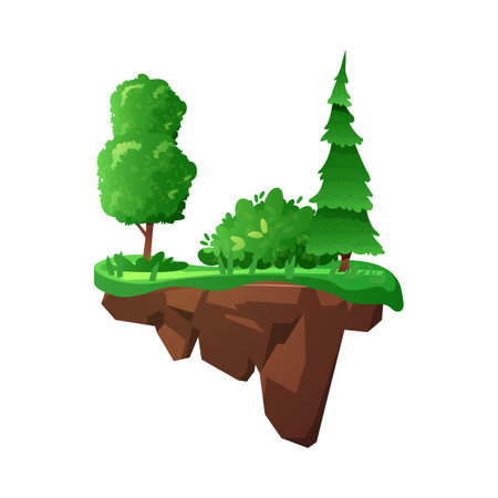 Level platform, floating forest land island vector illustration, cartoon rock stage with summer lawn and trees for gameのイラスト素材